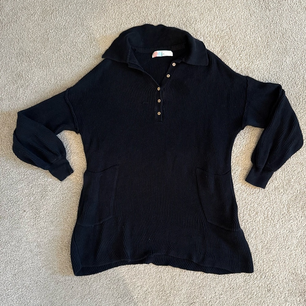 FP Beach Womens Button Up Pullover Sweater Linen Blend Black Size Medium